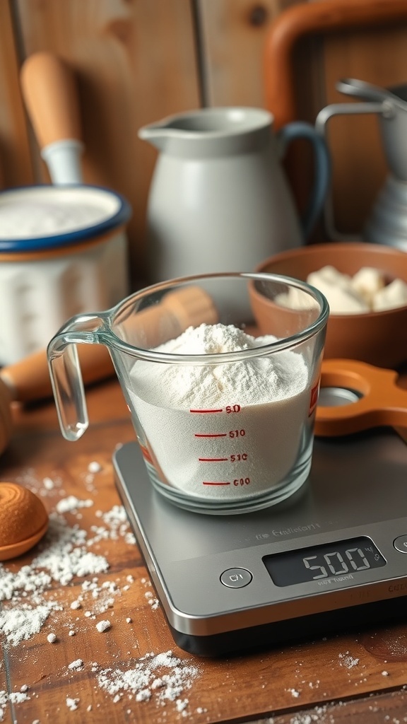 Measuring cup filled with flour next to a scale showing 500 grams.